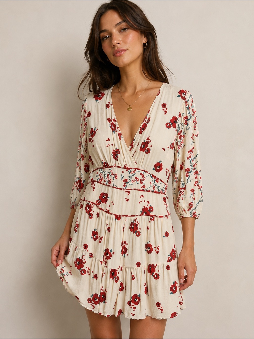 ba&sh Floral Boho Mini Dress
Cream Red Print V-Neck Tiered
Size 3